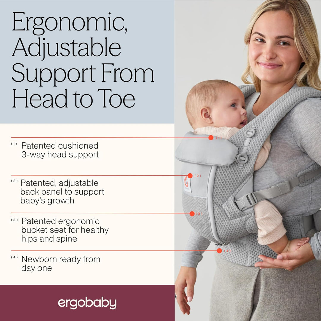 Ergobaby Adapt Babytrage für Neugeborene ab Geburt, 3-Positionen SoftFlex Mesh Ergonomische Babybauc