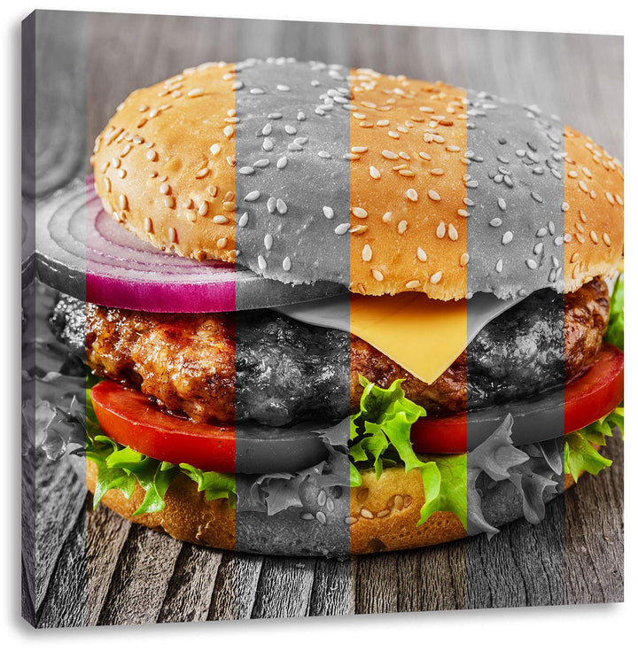 Pixxprint Saftiger Cheeseburger als Leinwandbild/Grösse: 70x70 cm/Wandbild/Kunstdruck/fertig bespann