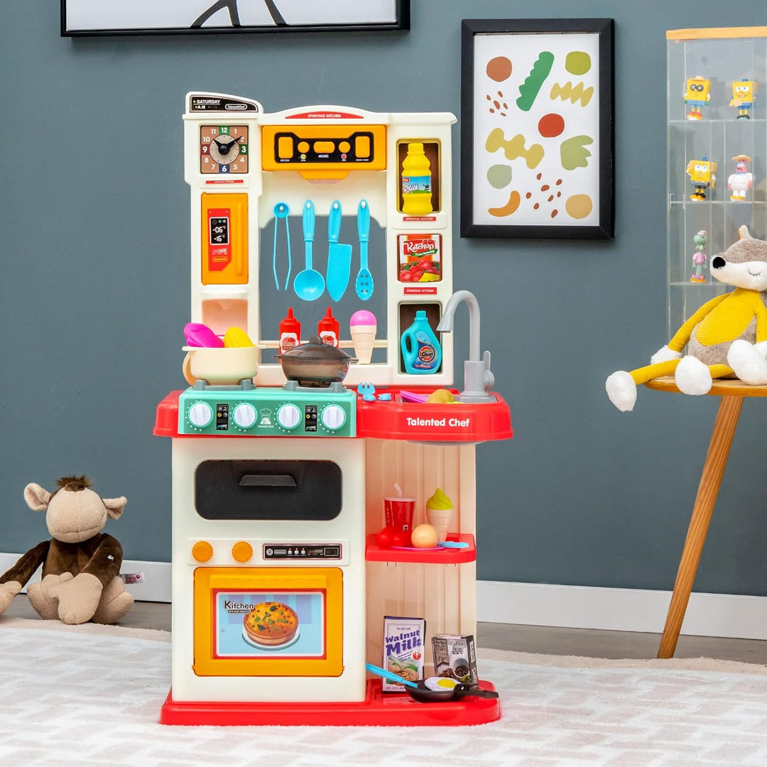 COSTWAY 65 TLG. Kinderküche mit Lichter, Musik und Sound, Spielküche inkl. Zubehör, Kinderspielküche