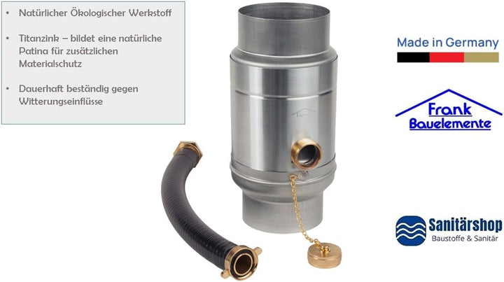 zbs24 Zink Regenwassersammler 100mm Set 1, Wassersammler mit automatischer Füllstop, mit Schlauchver