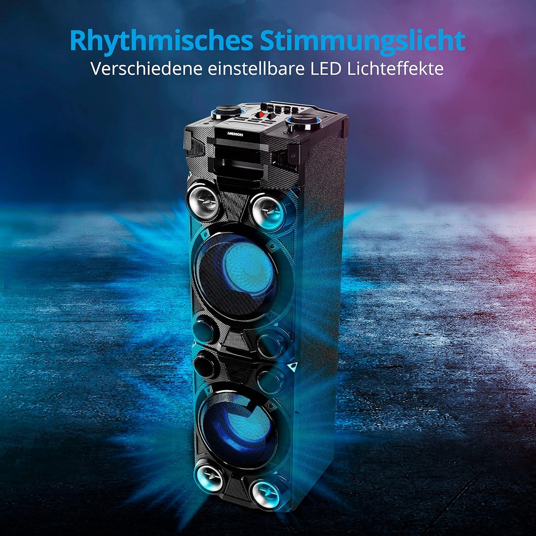 MEDION X67015 Party-Soundsystem mit Bluetooth 2.1 (Kompaktanlage, 1000 Watt, 2 x 100 Watt RMS, PLL U