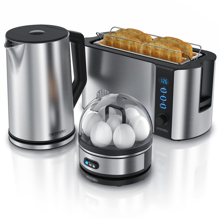 Arendo - Wasserkocher mit Toaster SET und Eierkocher, Edelstahl Silber Wasserkocher 1,5L 40° - 100°C