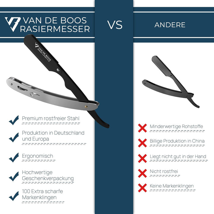 Van De Boos® Rasiermesser-Set mit 100 Derby Wechselklingen - Hochwertiges Edelstahl Barbier Bartmess