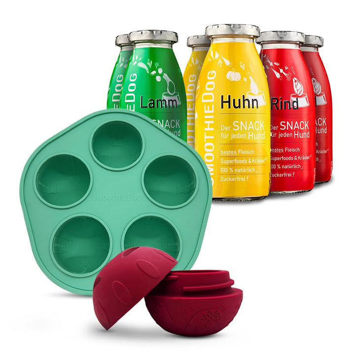 SmoothieDog Schleckball + SmoothieDog Hundesmoothie 6er Mix Klassik - Schleckball für Hunde, Snackba