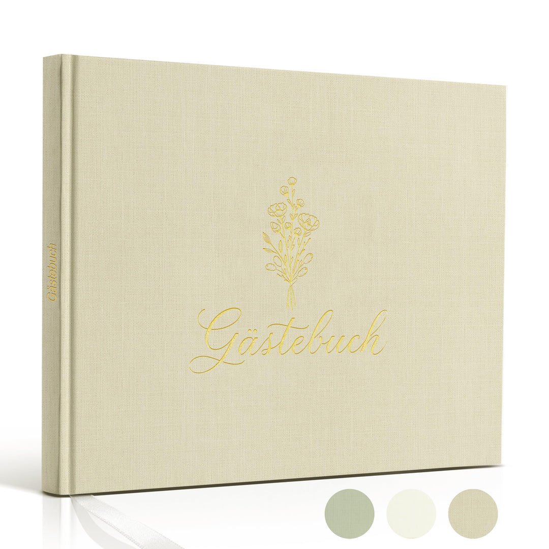 Hyggartn Gästebuch Beige – Leinen Hardcover Gästebuch mit Goldprägung, 100 Seiten Blanko – Dekorativ