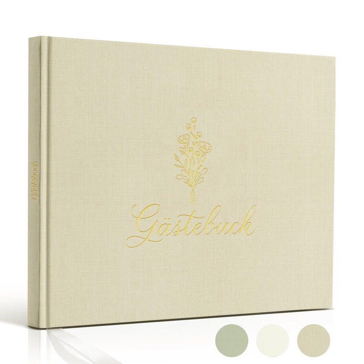 Hyggartn Gästebuch Beige – Leinen Hardcover Gästebuch mit Goldprägung, 100 Seiten Blanko – Dekorativ