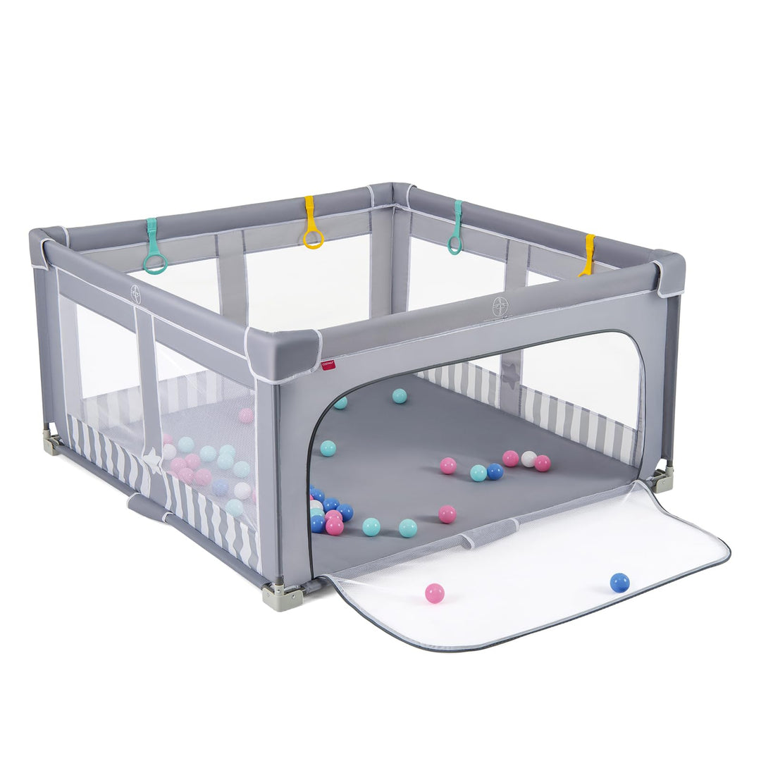 DREAMADE Laufstall Baby Faltbar, 150 x 150 x 76,5 cm Laufgitter mit 50 Ozeanbällen, 4 Haltegriffen &amp;