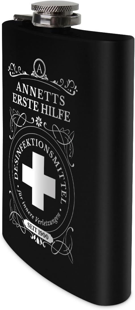 Flachmann Edelstahl Schwarz Matt 237 ml 8 oz individuelle Gravur in Silber - Erste Hilfe, Erste Hilf