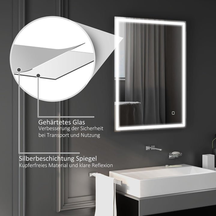 HOMCOM Badspiegel mit Beleuchtung 90x70 cm LED Spiegel Wandspiegel mit Memory-Funktion 3 Lichtfarben
