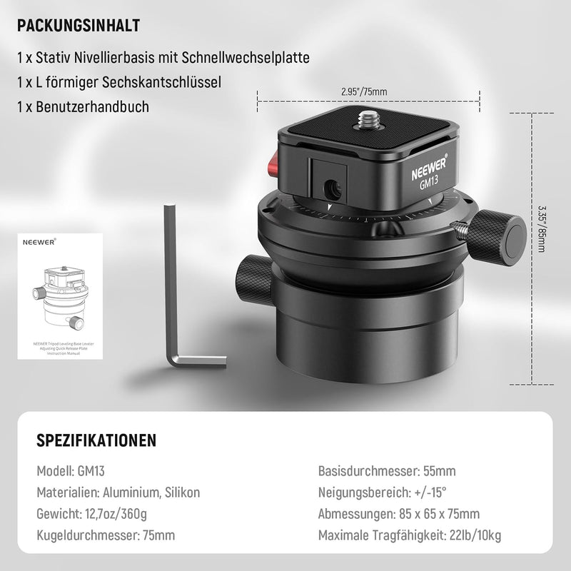 NEEWER Panorama Kugelkopf Stativkopf Nivelliersockel Aluminium, 1/4" Schnellwechselplatte für DSLR &