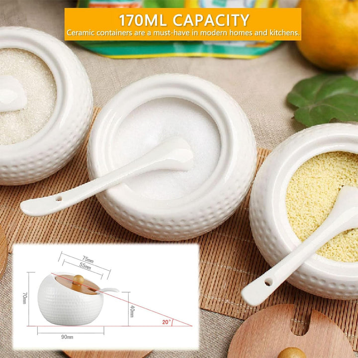 Keramik Gewürzgläser Set, 3 Stk Zuckerdose Gewürzdosen mit Bambus Deckel, Löffel und TablettSet, 170