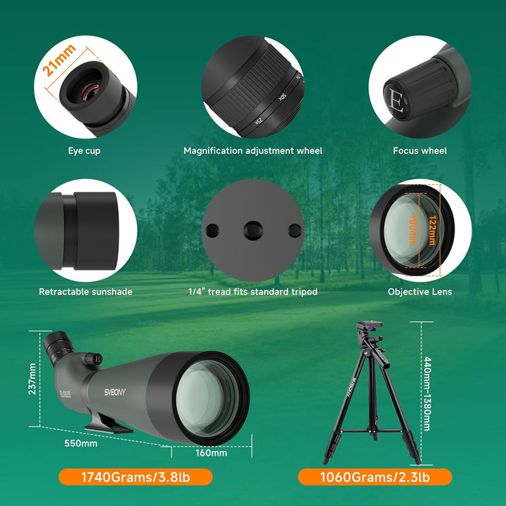 Svbony SV28 25-75x100mm Spektiv mit Stativ, Grosses Sichtfeld, Helle und Klare Bilder, HD BAK4 Porro