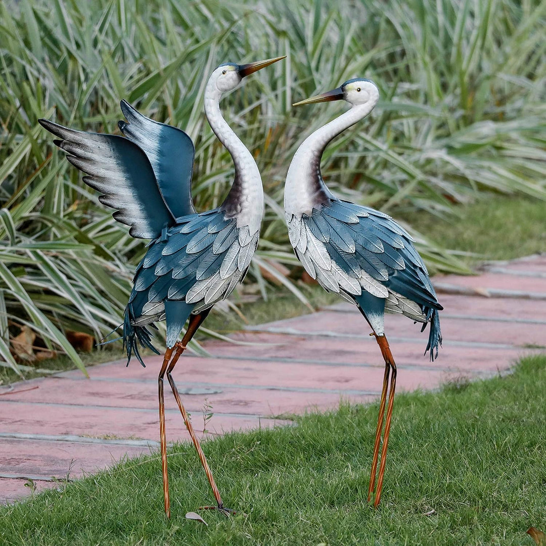 TERESA'S COLLECTIONS Gartendeko für draussen, Grosse Blaue Fischreiher Metall Gartenfiguren 2er Set