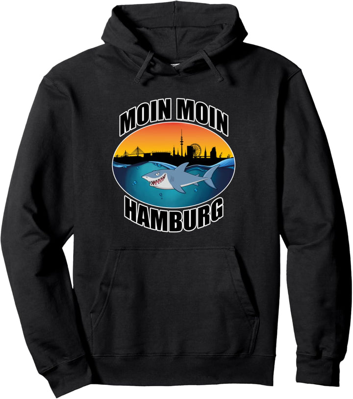 Moin Hamburg Hai Skyline Hafen Cartoon Pullover Hoodie