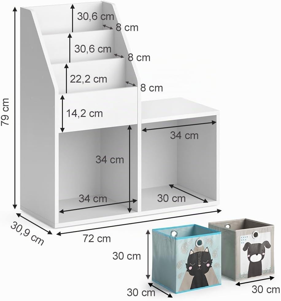 Vicco Kinderregal Luigi, Weiss, 72 x 79 cm Mini, mit 2 Faltboxen Opt.4 Weiss 72x79 mit Faltboxen Hun