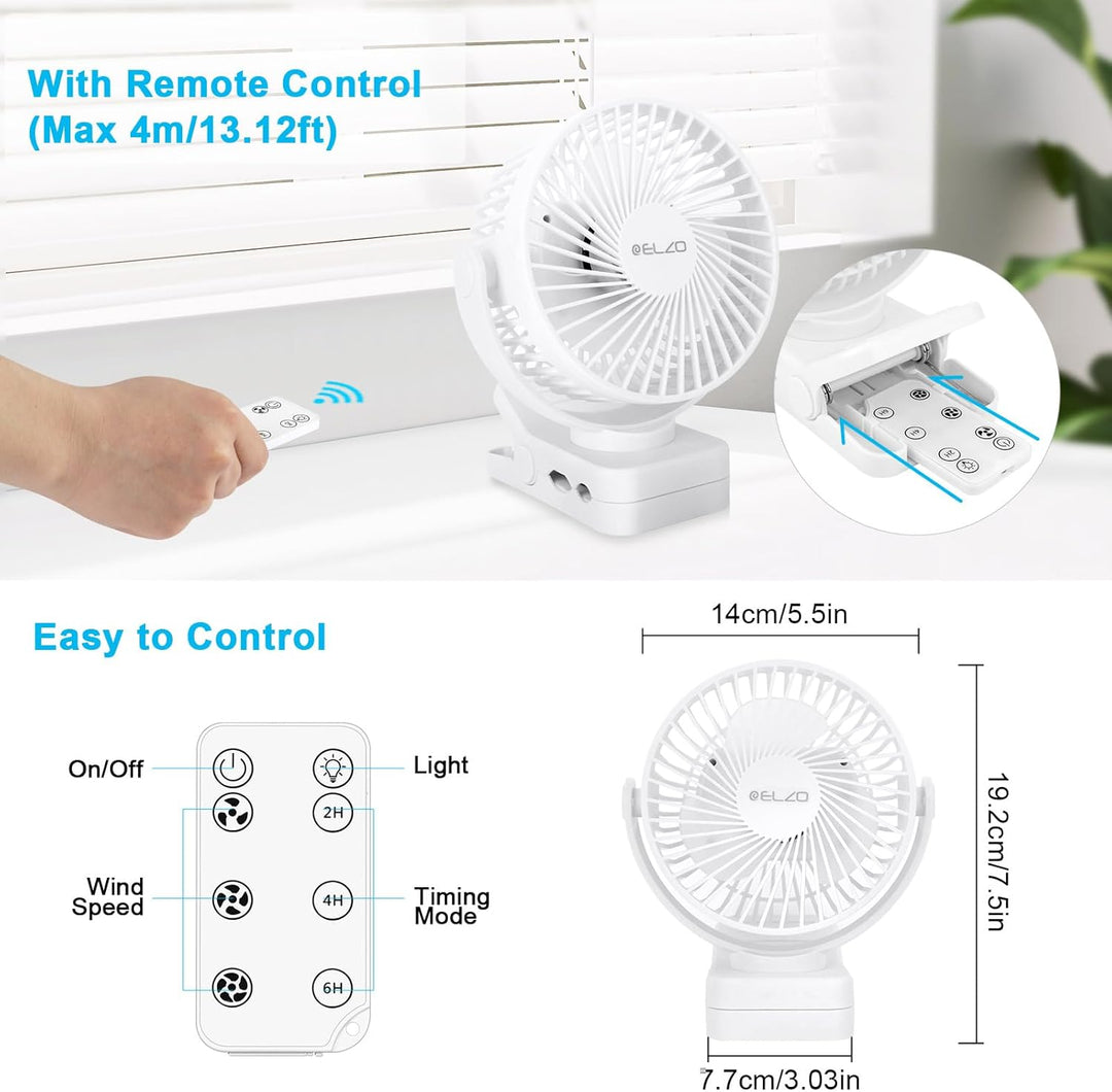 ELZO 12000mAh Camping Ventilator, Wiederaufladbarer Tischventilator USB Mini Ventilator mit LED Lich