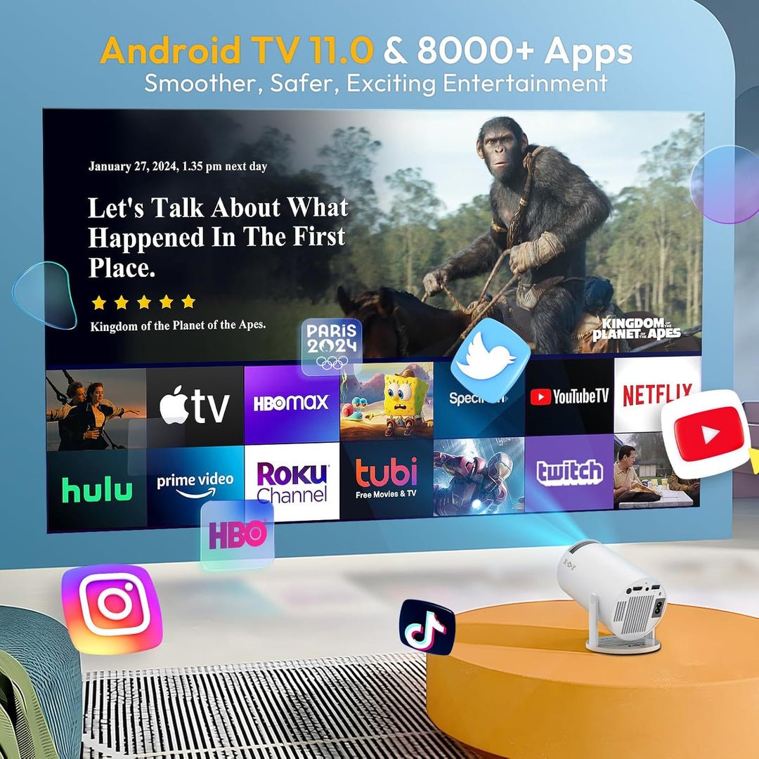 Mini Beamer [2025 Upgraded & Android 11.0] Native 720P HD, unterstützt 4K 1080P, Xgody Gimbal 3 New