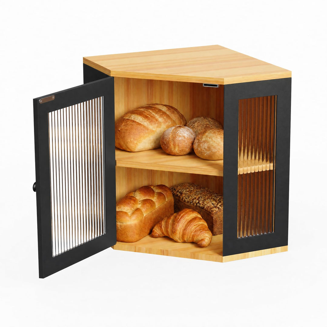 Brotkasten Holz 2 Etagen Brotaufbewahrung mit Sichtfenster, Eckregal Küche für Brot &amp; Küchenutensili