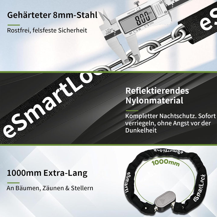 Eseesmart Fahrradschloss Fingerabdruck mit Schlüssel, 8mm 1000mm Lange Kettenschloss Fahrradschloss