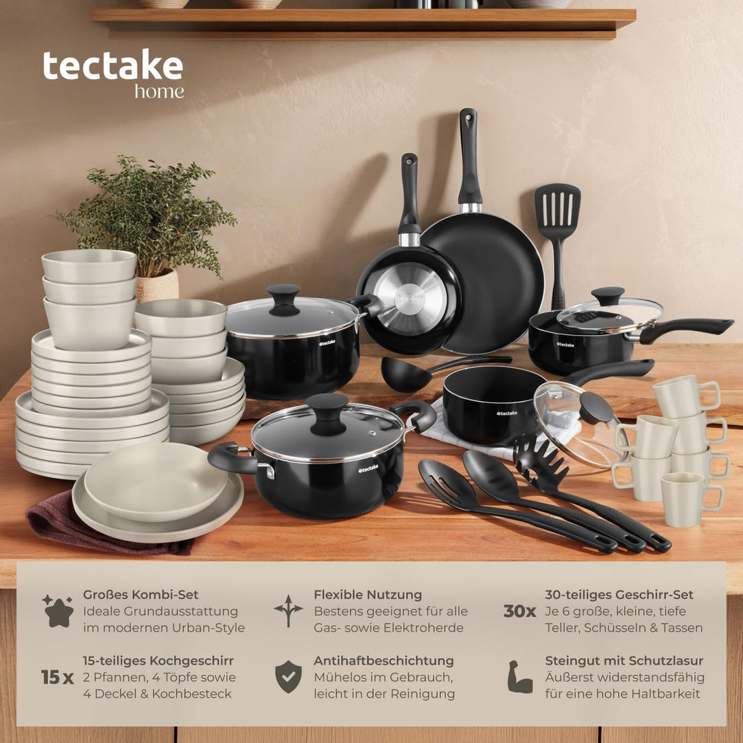 tectake® Küchenstarterset 6 Personen, Steingut Geschirr Set, Teller, 4 Töpfe 2 Pfannen rostfreies Al
