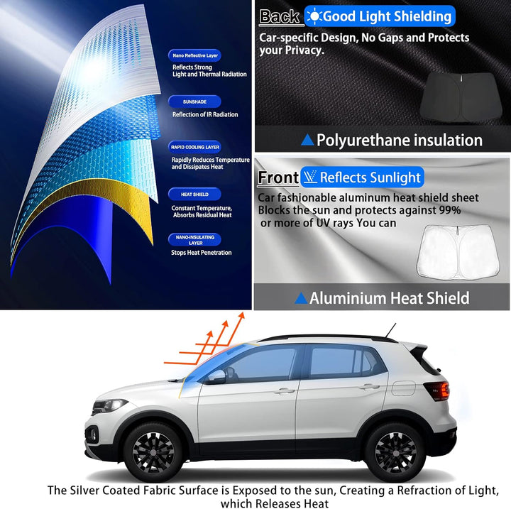 SHAOHAO V W T-Cross 2018 2019 2020 2021 2022 Exklusiv Sonnenblende Silber beschichtetes Gewebe faltb