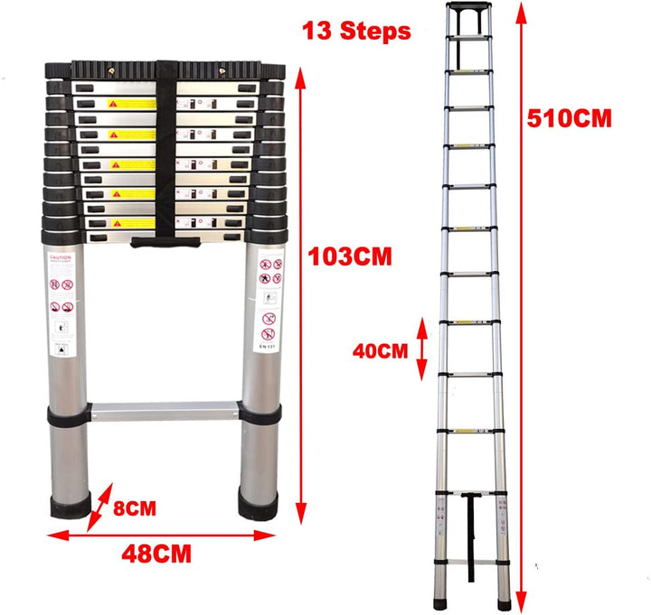 Hooha Aluminium Teleskopleiter 5,1M mit Anti-rutsch Gummipuffer Ausziehleiter Telescopic Ladder Bela