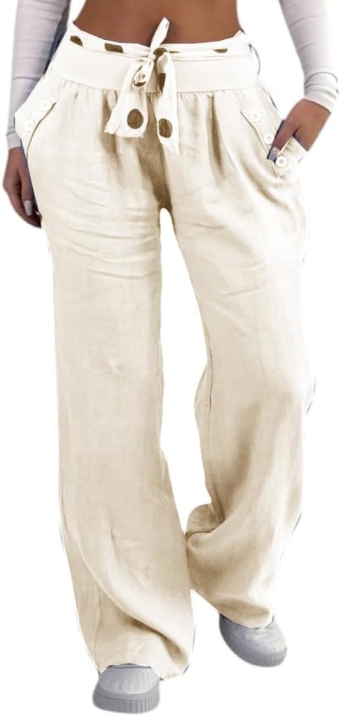 Damen Leinenhose Freizeithose 100% Leinen Hose Elegante Stoffhose, Beige