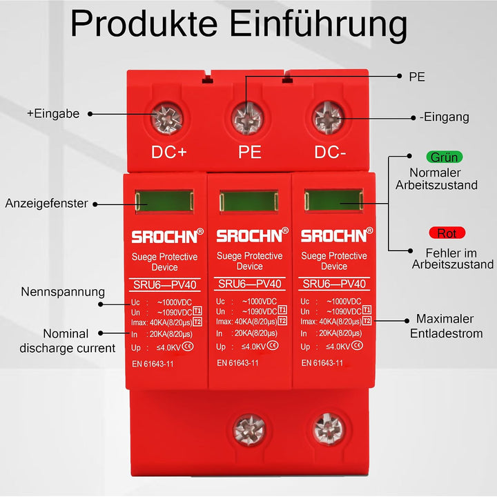 Warmfay Überspannungsschutz PV B+C (T1+T2) 3P 20-40KA, 1000V DC Photovoltaic Lightning Protector Nie