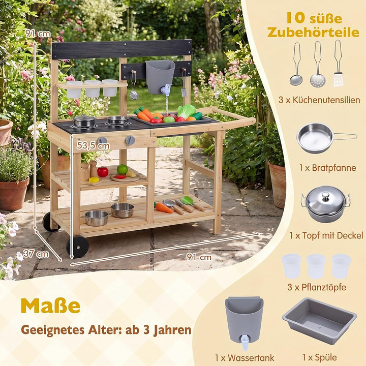 COSTWAY Matschküche Kinder Outdoor, Spielküche mit Wassertank & Wasserhahn | Kinderküche mit Rädern,