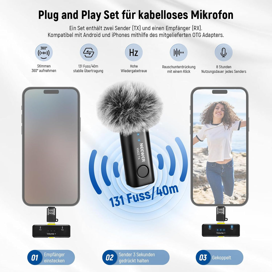 NEEWER Vlogging Set für Handy mit RGB LED Licht/Lavalier Funkmikrofon System/Mini Stativ/Handy Käfig