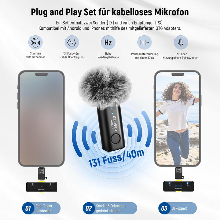 NEEWER Vlogging Set für Handy mit RGB LED Licht/Lavalier Funkmikrofon System/Mini Stativ/Handy Käfig