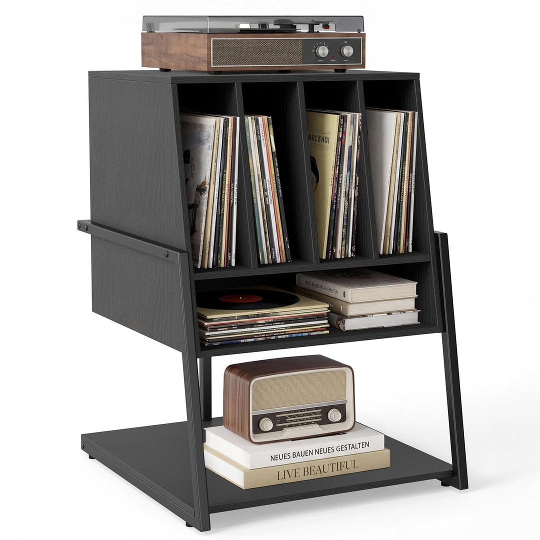 COSTWAY Plattenspielerständer, Vinyl Schallplattentisch mit breite Tischplatte, 4 Trennwänden & unte
