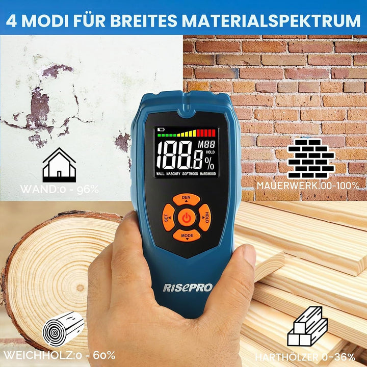 RISEPRO Holzfeuchtemessgerät Stiftloser zerstörungsfreier Holzfeuchtedetektor-Scanner für Brennholz,