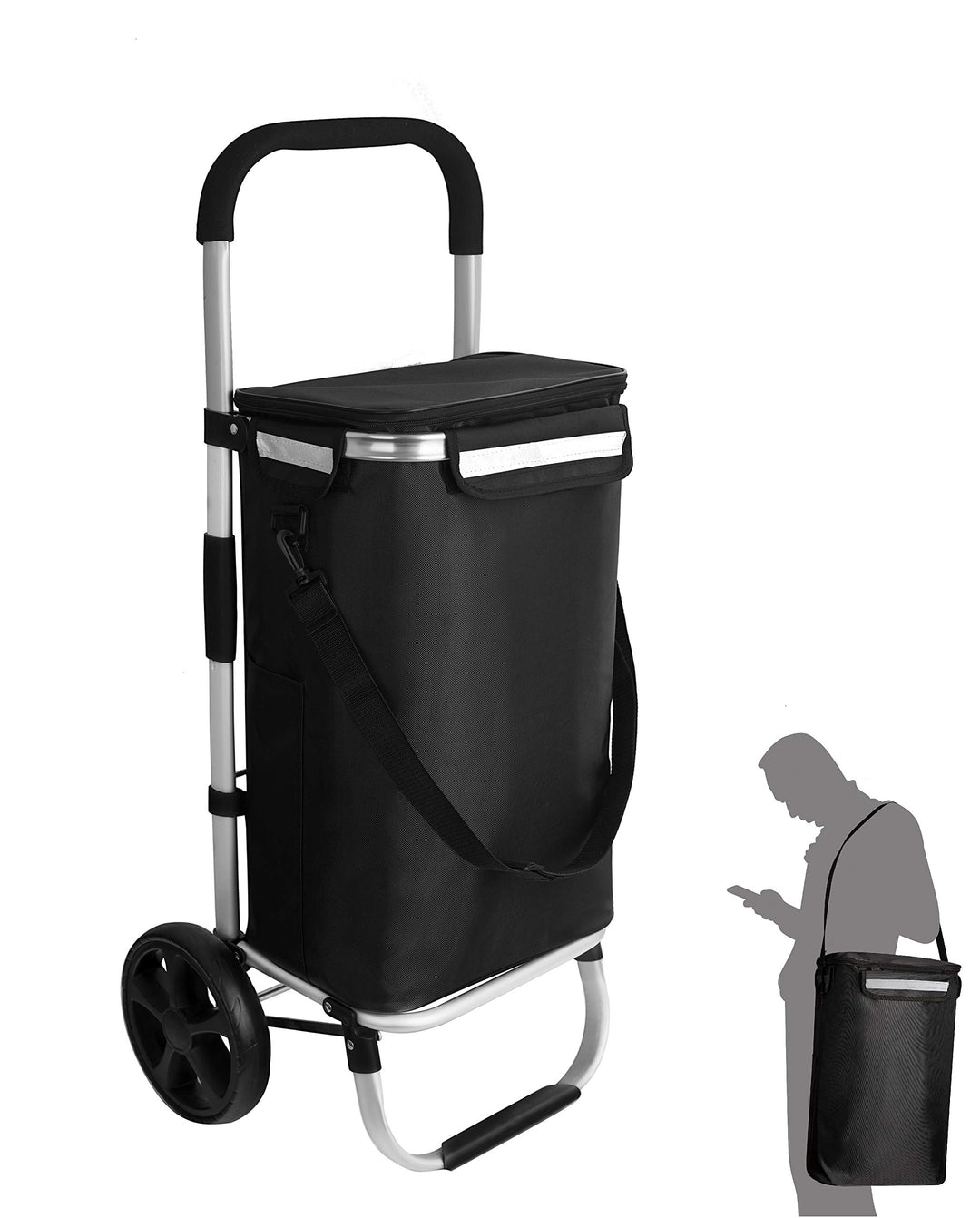 Ribelli Einkaufstrolley schwarz Polyester hochwertiger Aluminium Rahmen – Einkaufsroller klappbar –