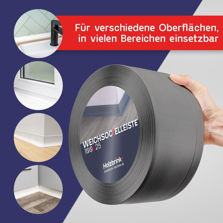 HOLZBRINK Weichsockelleiste PVC 100x25mm, 20 m | Wandleiste ohne Klebestreifen für Küche, Garage, Fl