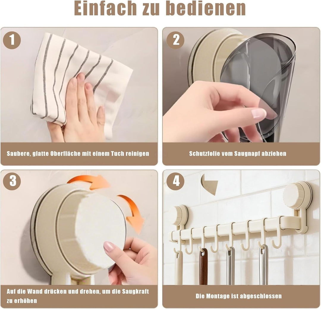 Hakenleiste Küche ohne Bohren mit 8 Haken,Küchenutensilienhalter Saugnapf Montage,45 cm lang,Halter