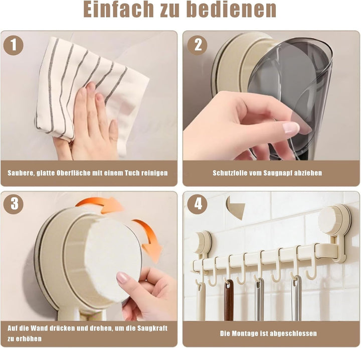 Hakenleiste Küche ohne Bohren mit 8 Haken,Küchenutensilienhalter Saugnapf Montage,45 cm lang,Halter