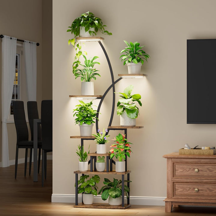 JUSTOGO Blumenständer Pflanzenständer mit Wachstumslichtern - 8 Etagen Pflanzenregal Indoor aus Holz