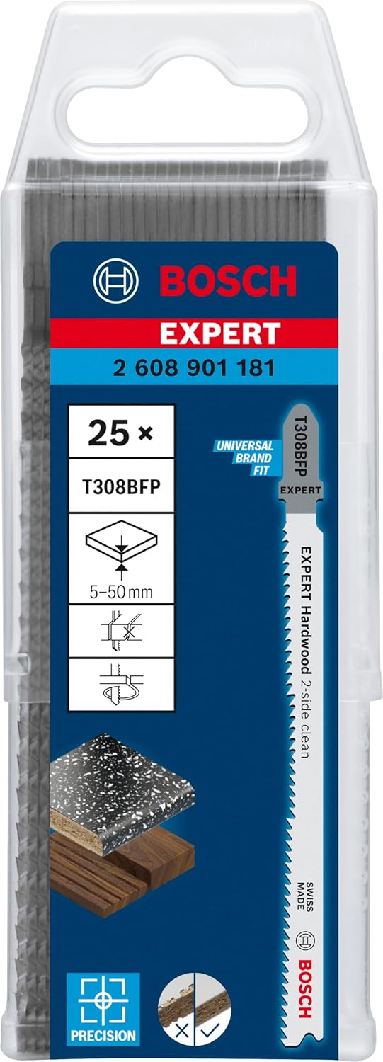 Bosch Professional 25x Stichsägeblatt Expert ‘Hardwood 2-Side Clean’ T 308 BFP (für Küchenarbeitspla