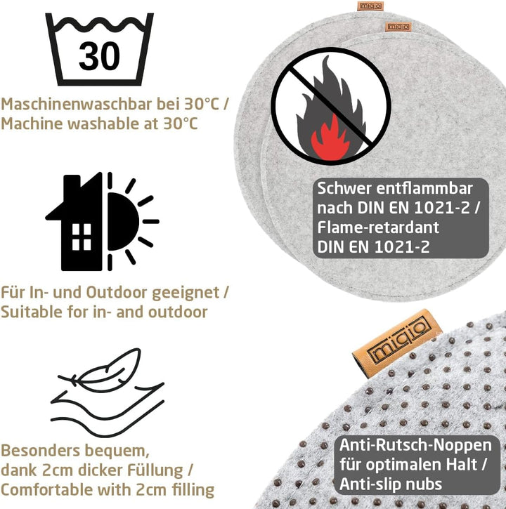 Miqio Design Filz Sitzkissen XL Rund mit Antirutschnoppen | 40cm | 2er-Set | Indoor und Outdoor | Na