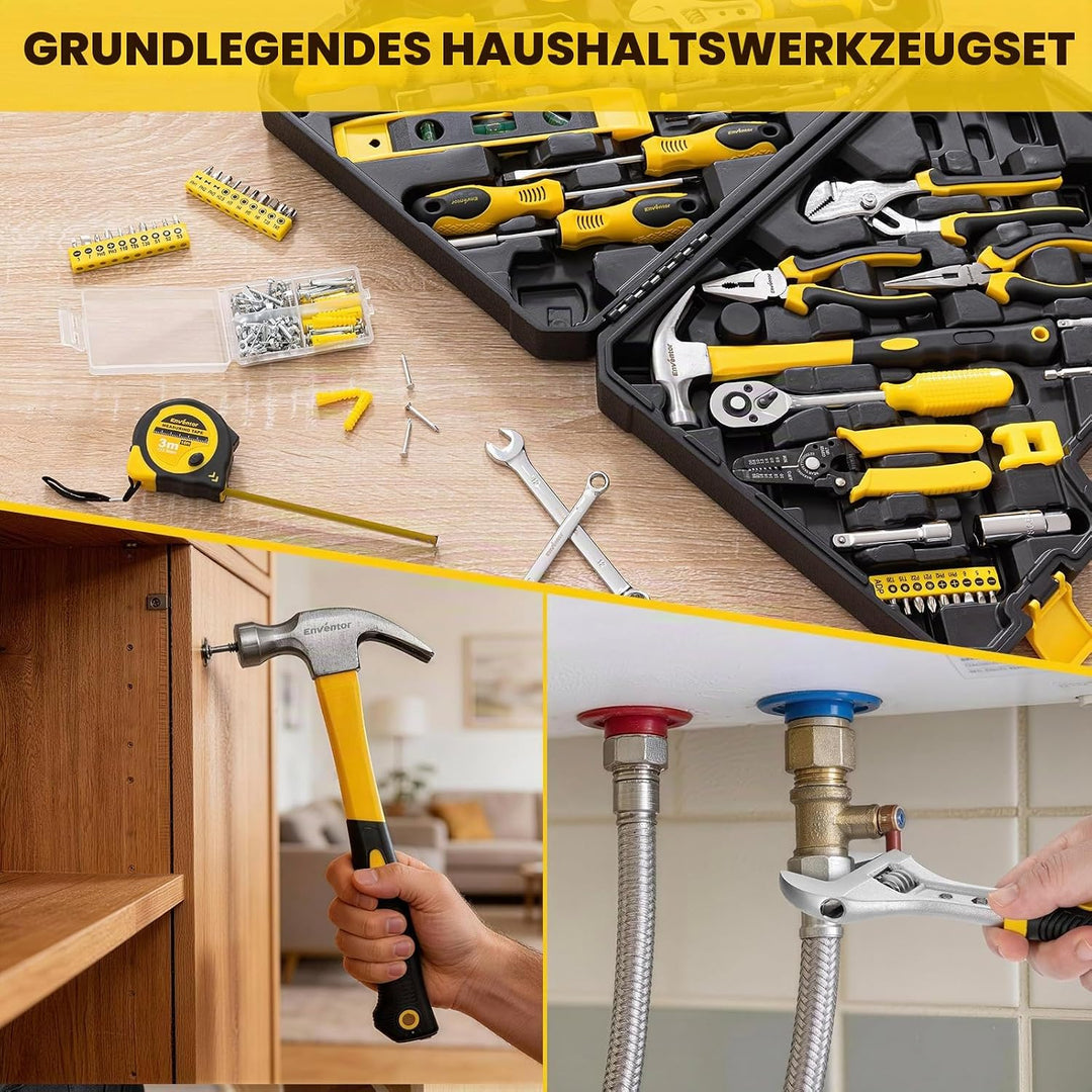 Enventor Werkzeugkoffer Gefüllt 231-tlg, Haushaltswerkzeugset mit Ratschenschlüssel, Schraubenschlüs