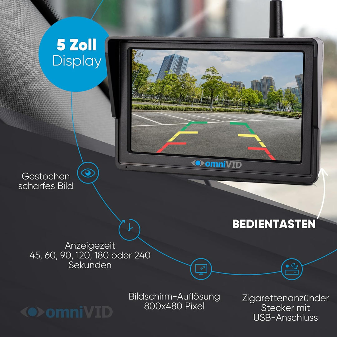 omniVID® Solar5 Premium Solar Rückfahrkamera-System, Kabellos mit 5 Zoll Monitor u. solarbetriebende