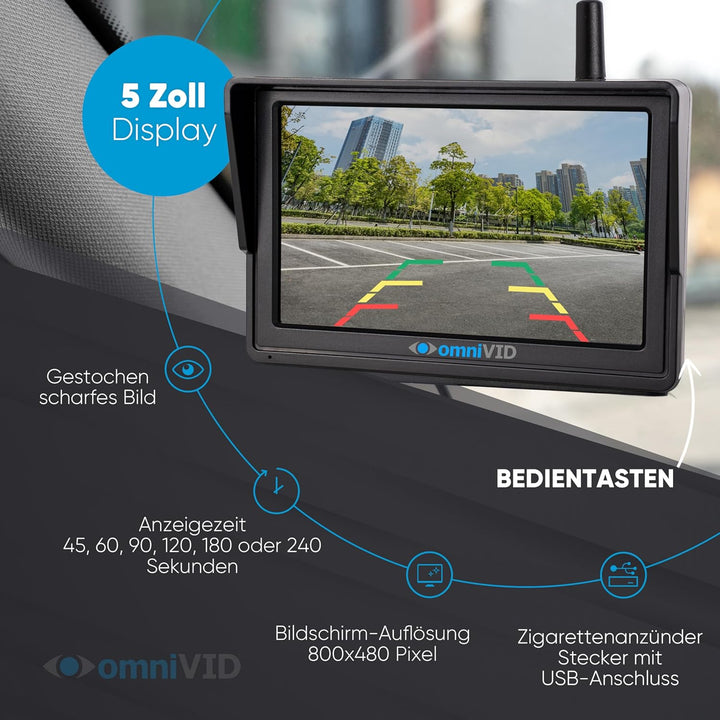 omniVID® Solar5 Premium Solar Rückfahrkamera-System, Kabellos mit 5 Zoll Monitor u. solarbetriebende