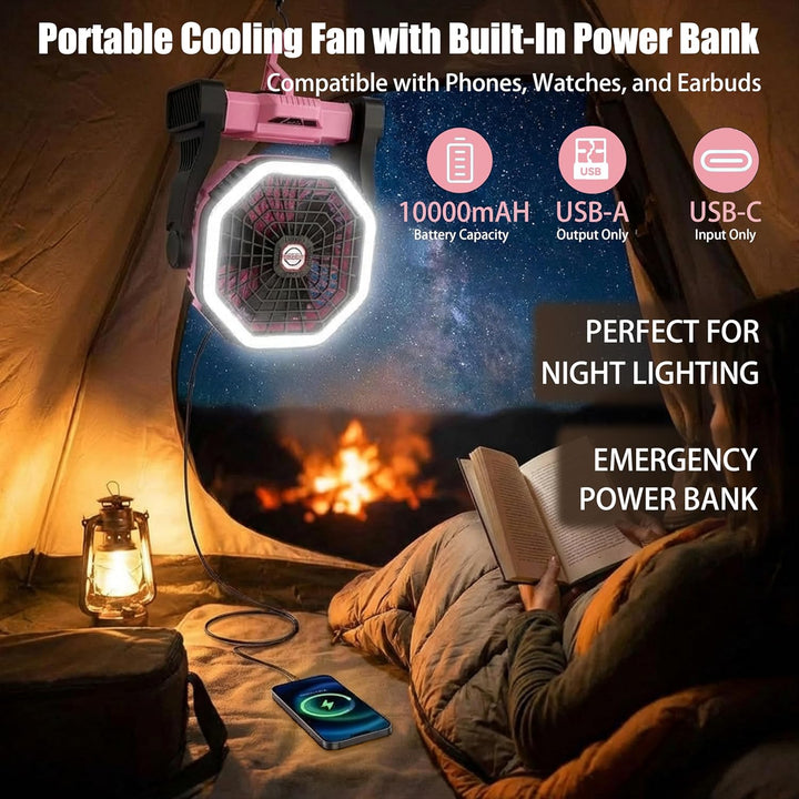 Wiederaufladbarer Camping-Ventilator mit LED-Beleuchtung, 4 Geschwindigkeitsstufen, 3 Lichtmodi, für