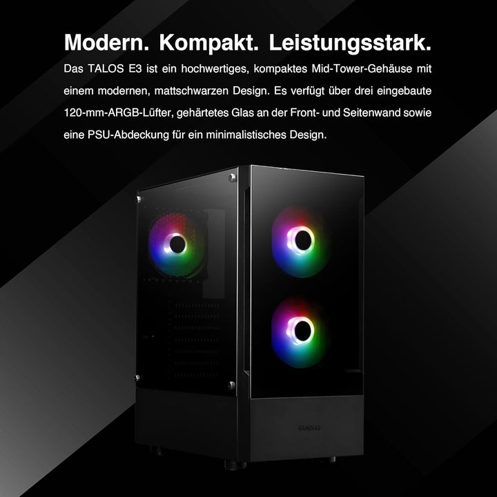 GAMDIAS ATX Mid-Tower Gaming-PC-Gehäuse, Enthält 3 x 120 mm ARGB-Lüfter, High Airflow Mesh Front, Ge