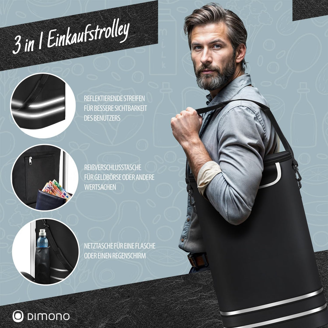 Dimono® Einkaufstrolley Rolltex Klappbarer 3 in1 Trolley zum Einkaufen; 56 Liter inkl. Kühlfach; Tra