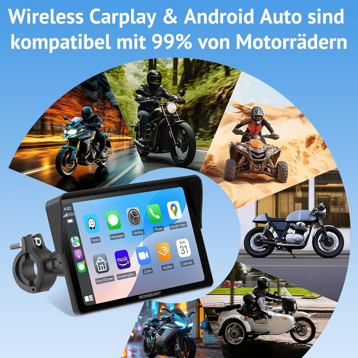 W722 Motorrad Carplay Display,Kabelloses CarPlay Motorrad & Android Auto für Moto,7 Zoll IP67 Wasser