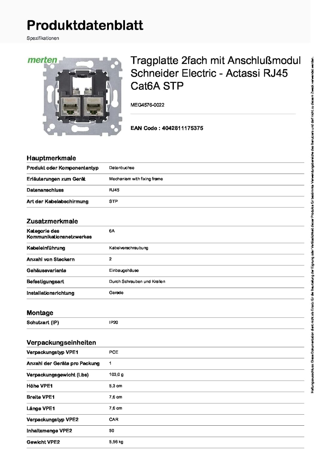 Schneider Electric Merten MEG4576-0022 Tragplatte 2-fach mit Anschlussmodul - Actassi RJ45 Cat6A STP