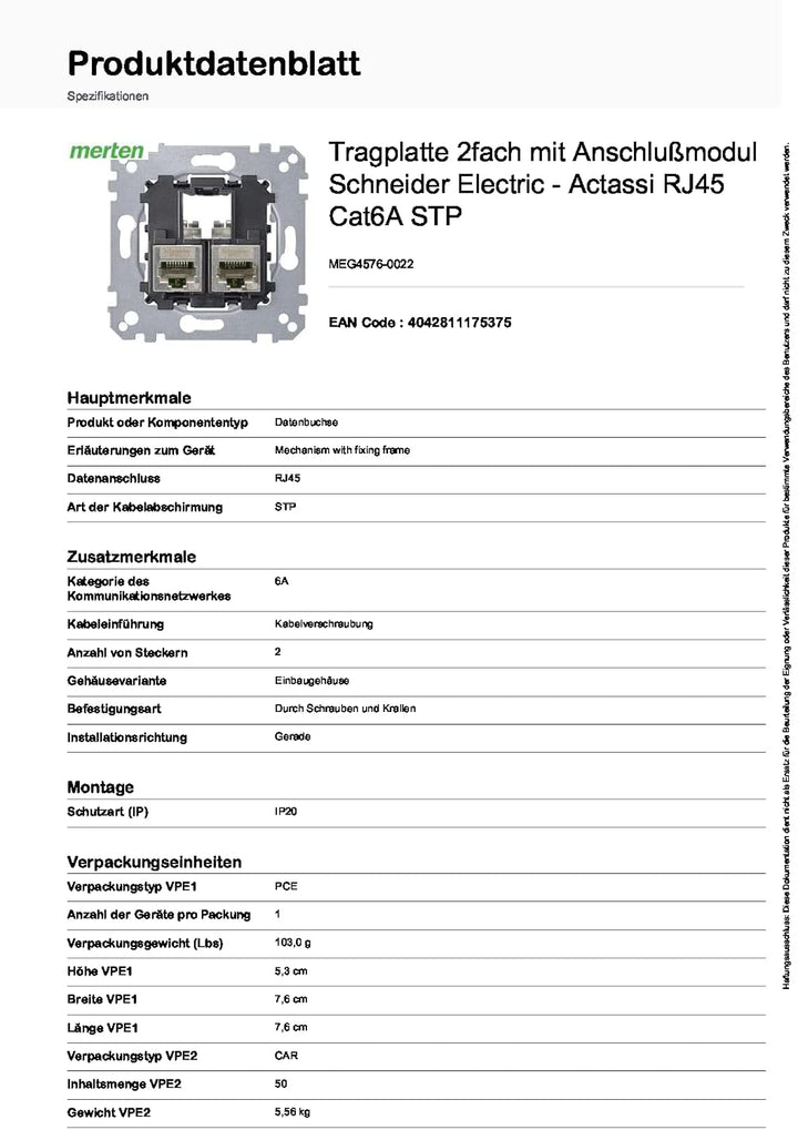 Schneider Electric Merten MEG4576-0022 Tragplatte 2-fach mit Anschlussmodul - Actassi RJ45 Cat6A STP