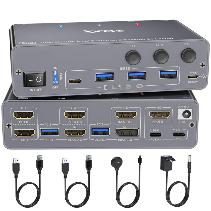 KVM Switch 3 PC 2 Monitore USB C HDMI DP, EDID | KVM Switch 2 Monitor für 1 Laptop und 2 PC, 73W PD,